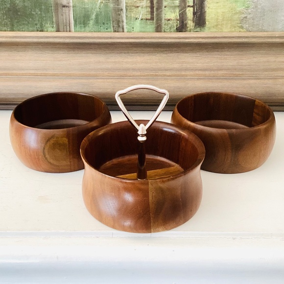 MCM Vintage Solid American Walnut Wooden Snack Bowls Set Of 3 Made In Missouri